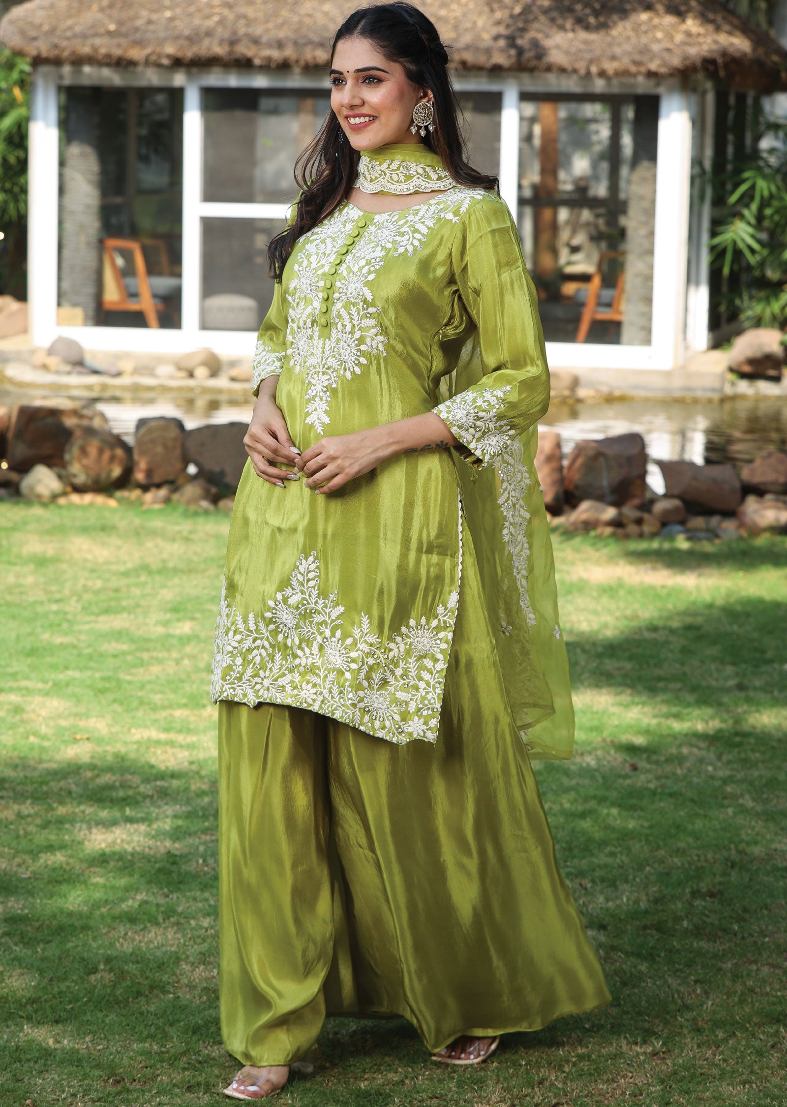 Lime Green Tissue Silk Straight Cut Suit