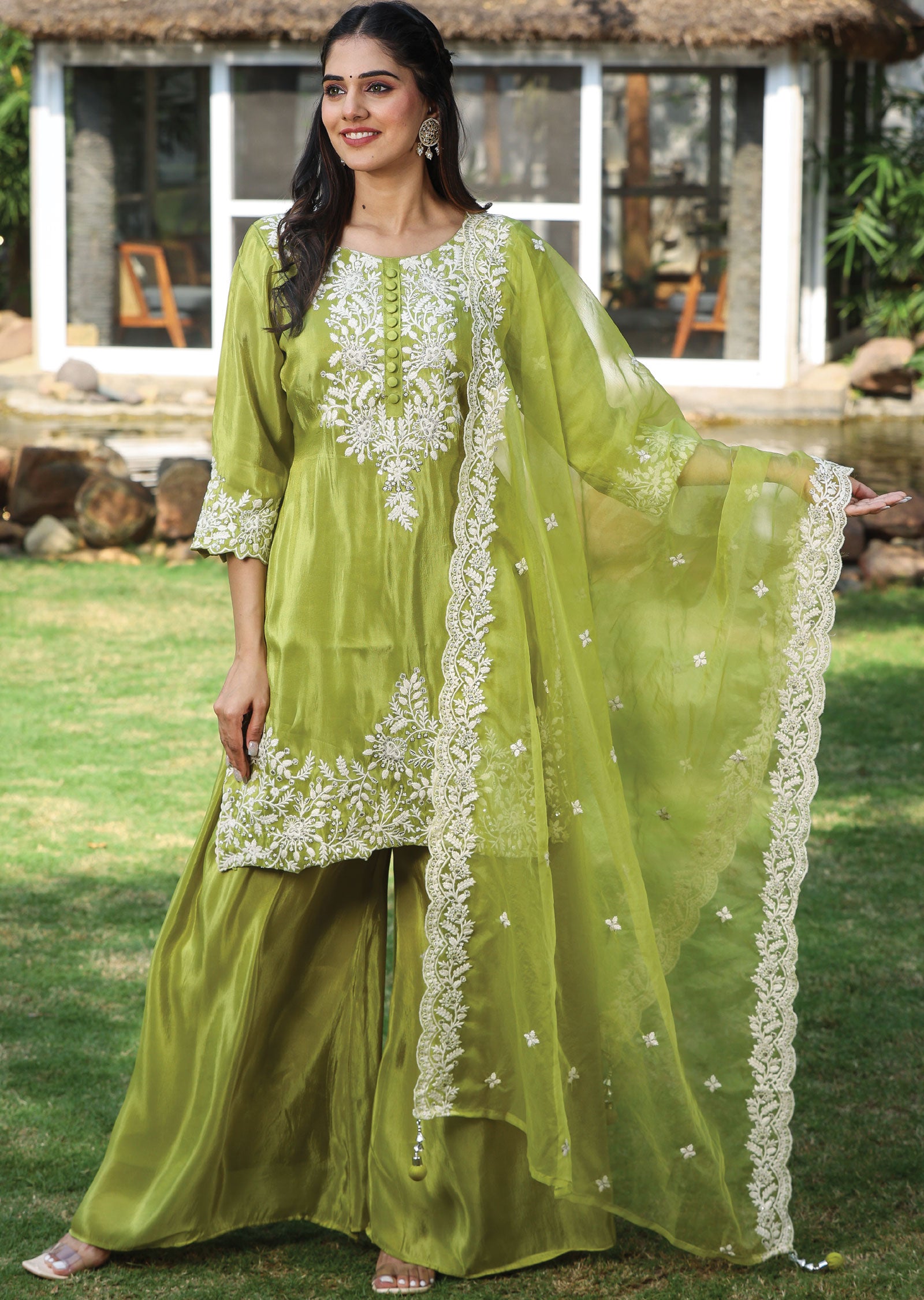 Lime Green Tissue Silk Straight Cut Suit