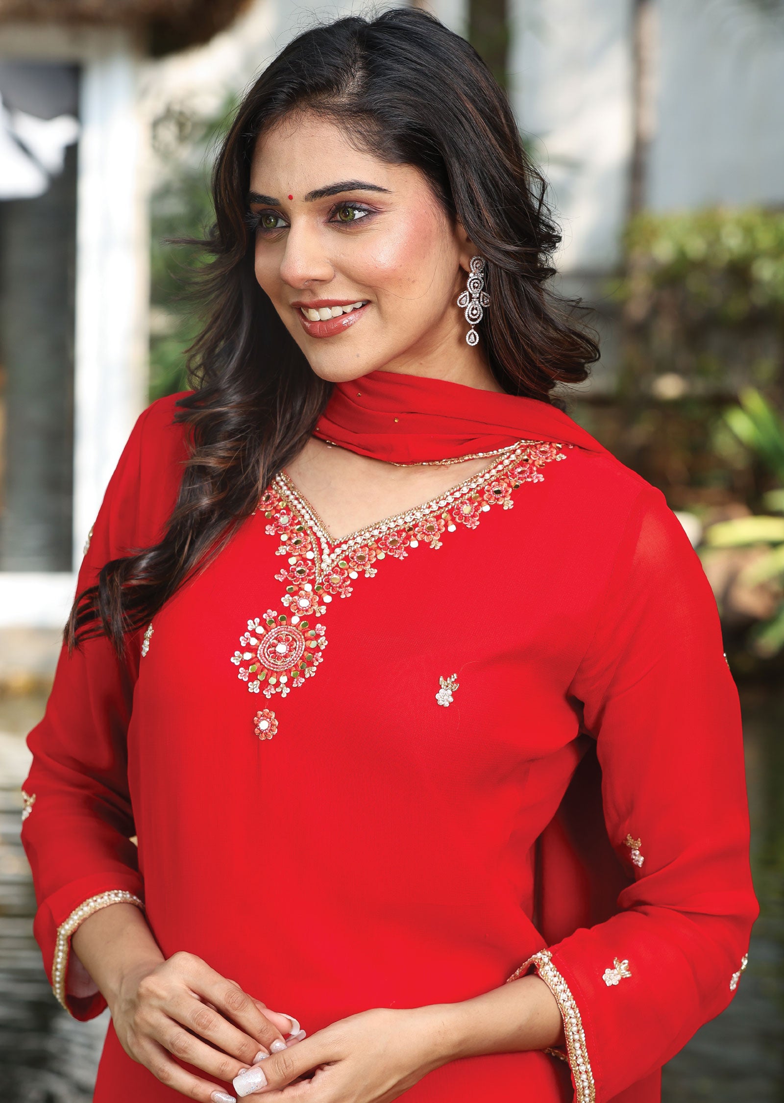 Red Georgette Straight Cut Suit