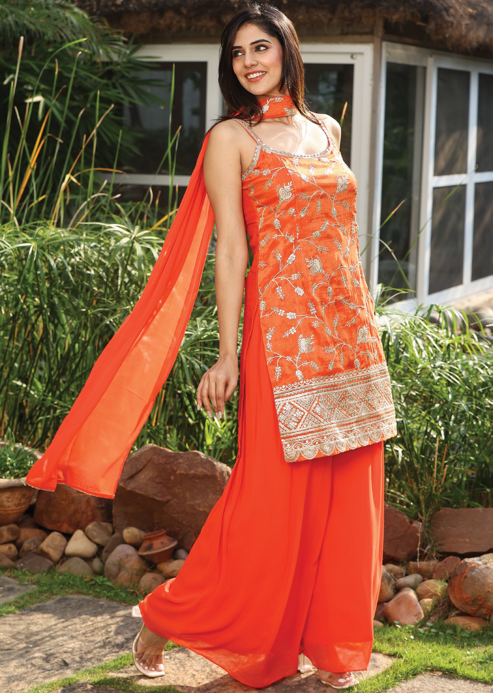 Orange Tissue Silk Straight Cut Suit