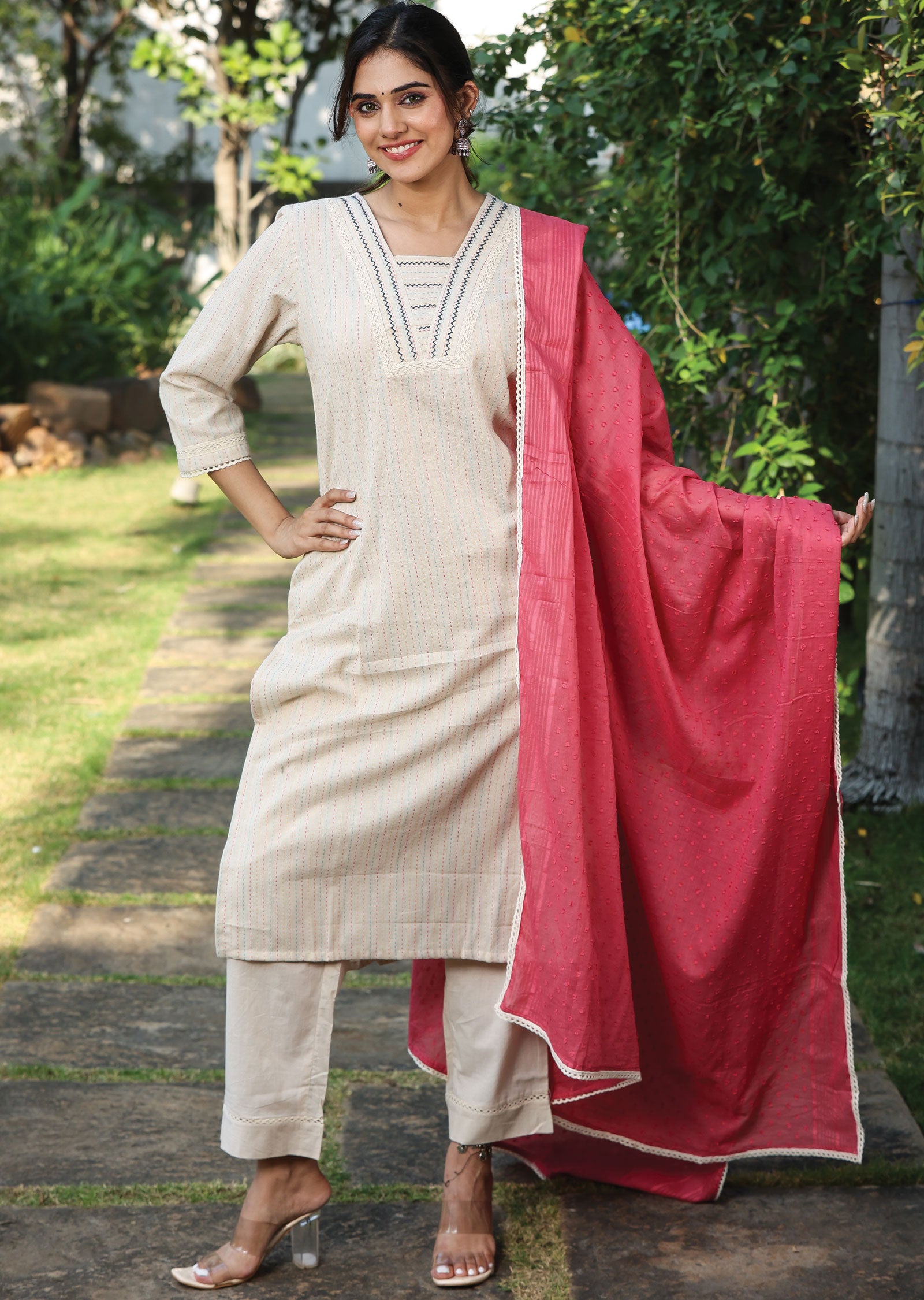 Beige Handloom Cotton Straight Cut Suit