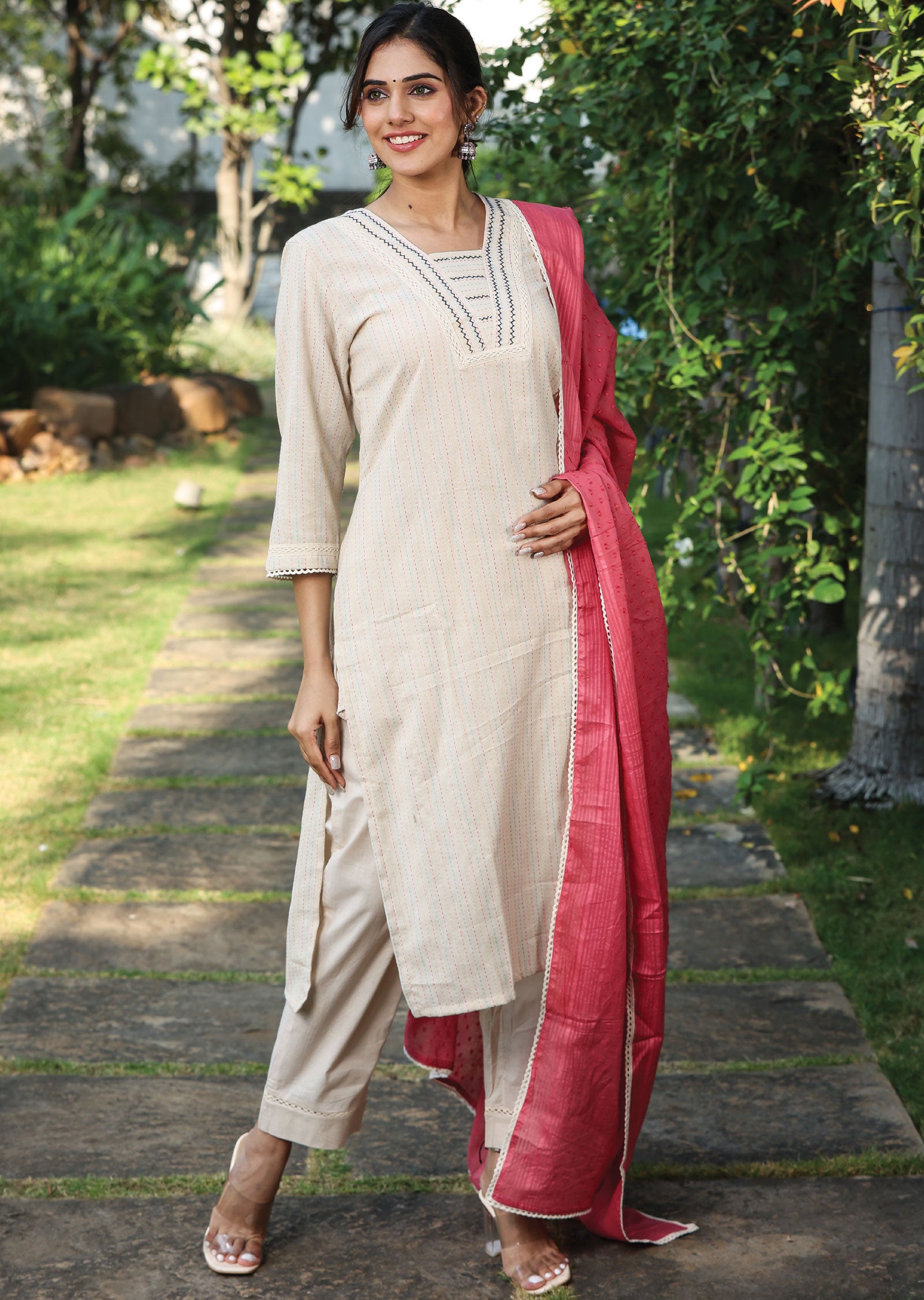 Beige Handloom Cotton Straight Cut Suit