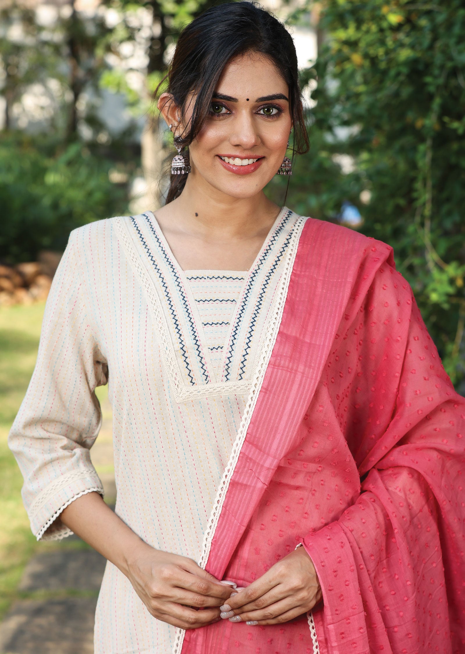 Beige Handloom Cotton Straight Cut Suit