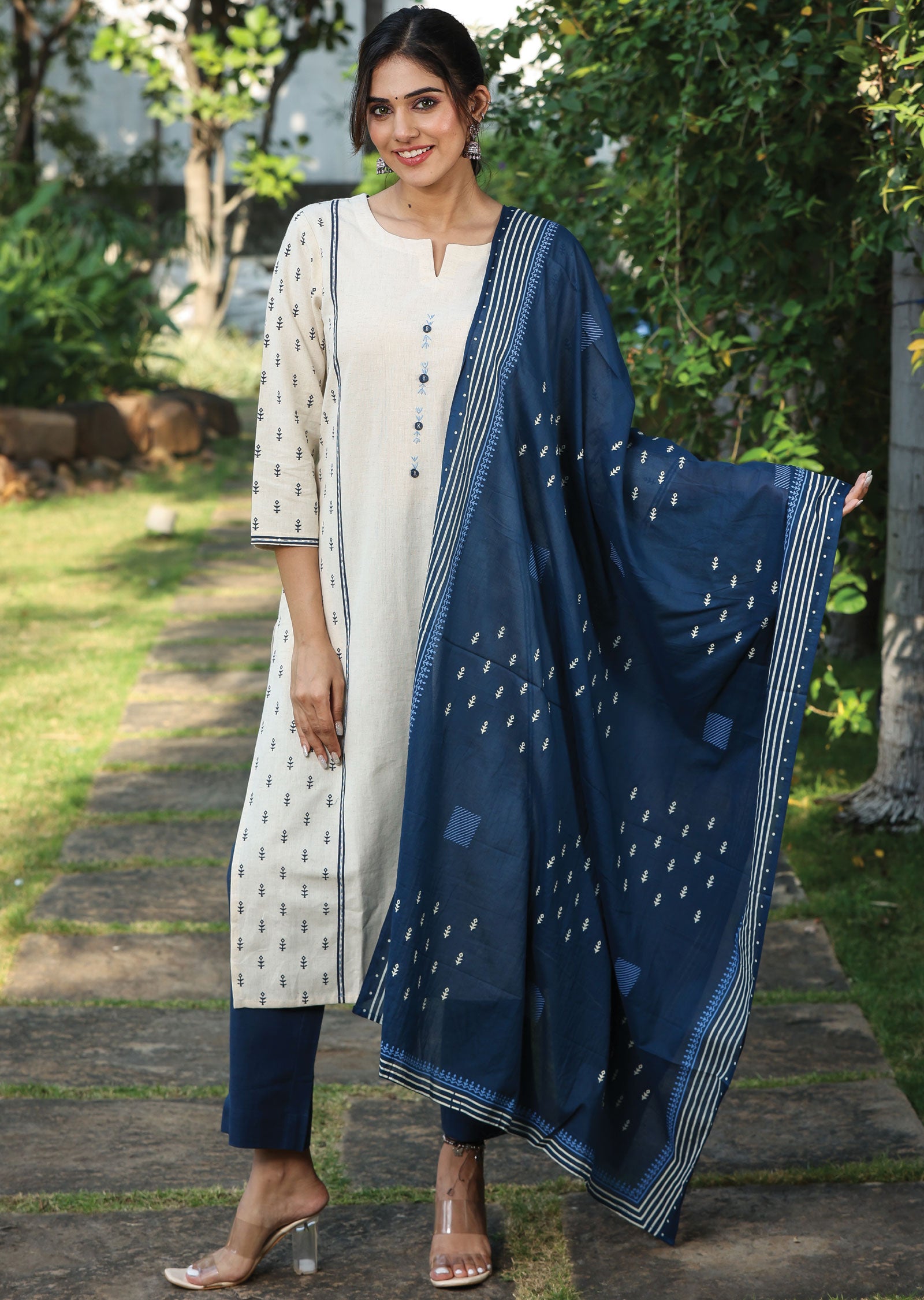 Beige Handloom Cotton Straight Cut Suit