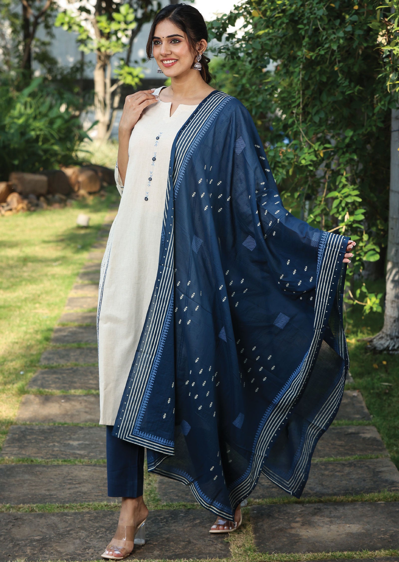 Beige Handloom Cotton Straight Cut Suit