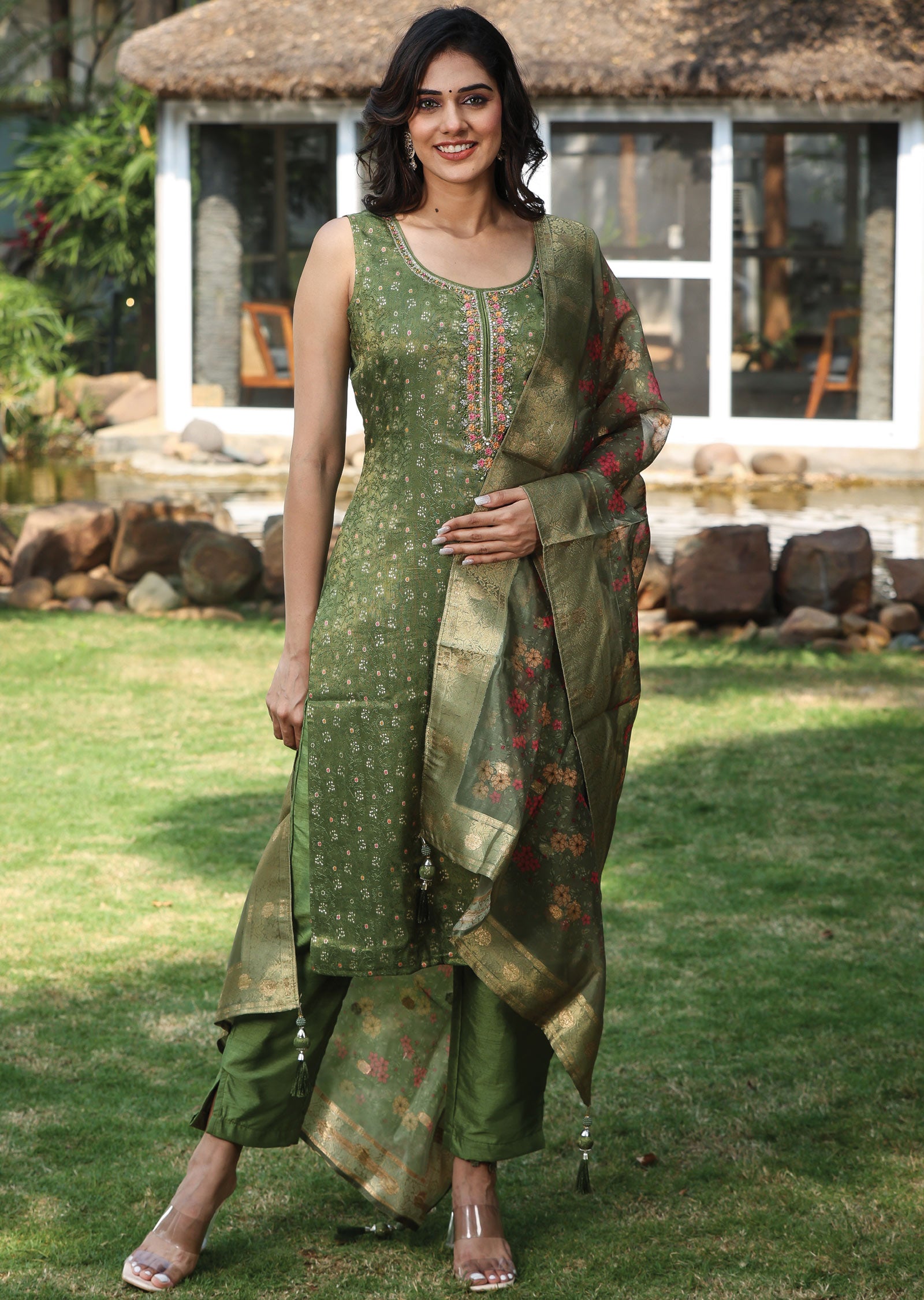 Olive Green Banaras Tissue Silk Straight Cut Suit