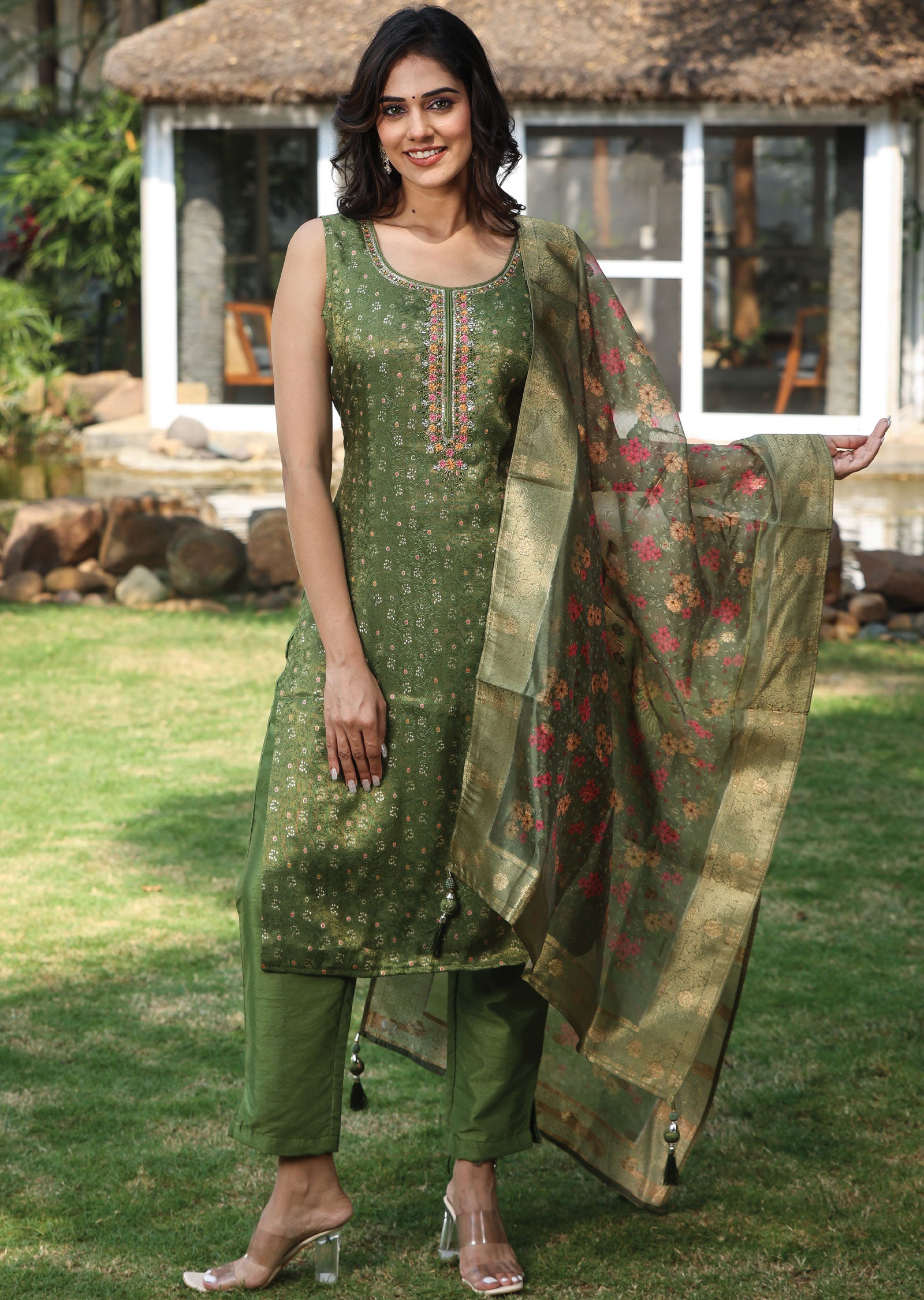 Olive Green Banaras Tissue Silk Straight Cut Suit