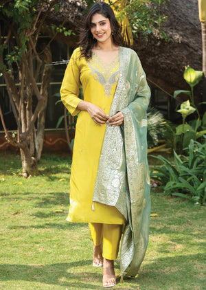 Yellow Dola Silk Straight Cut Suit