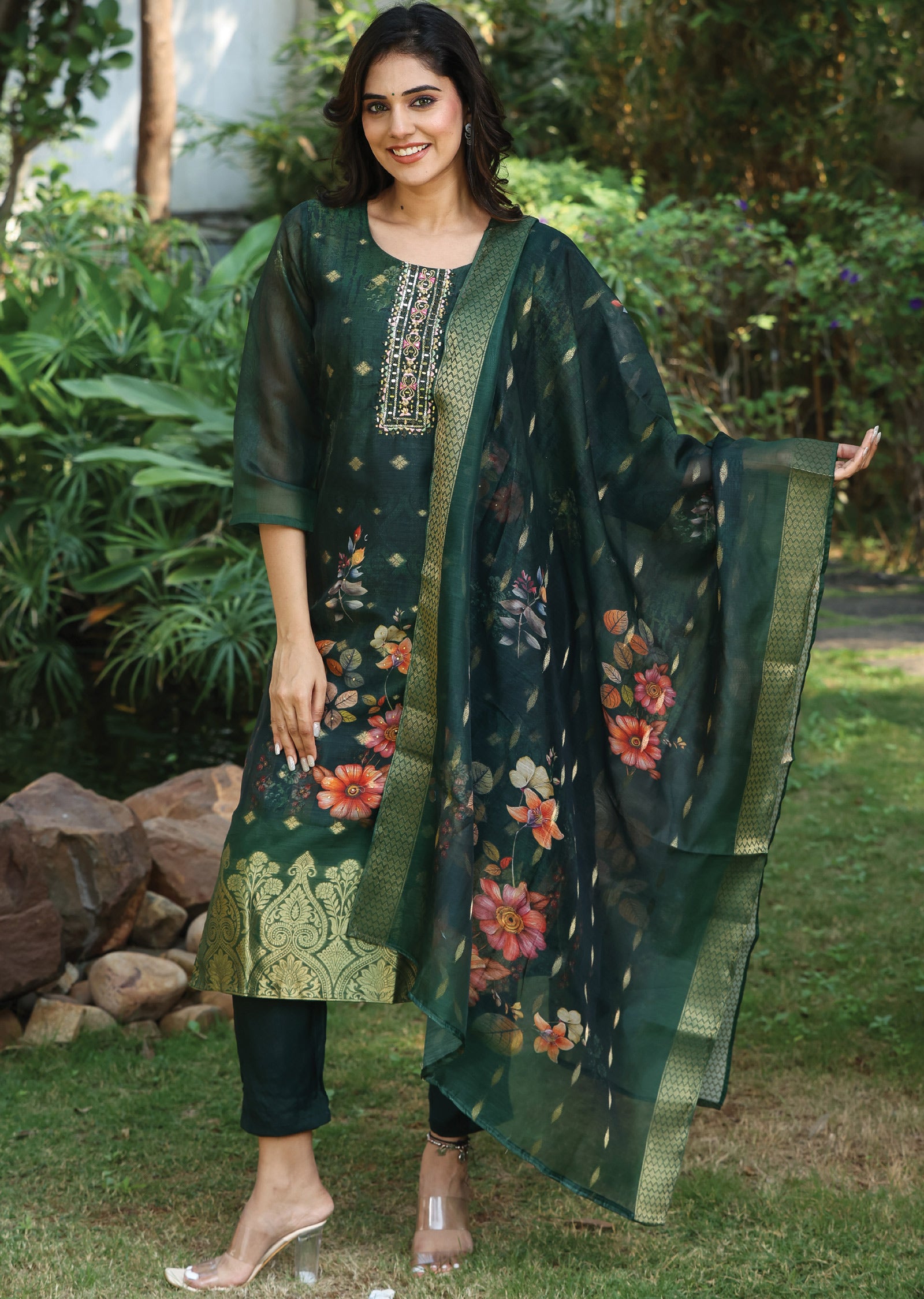 Bottle Green Banaras Chanderi Straight Cut Suit