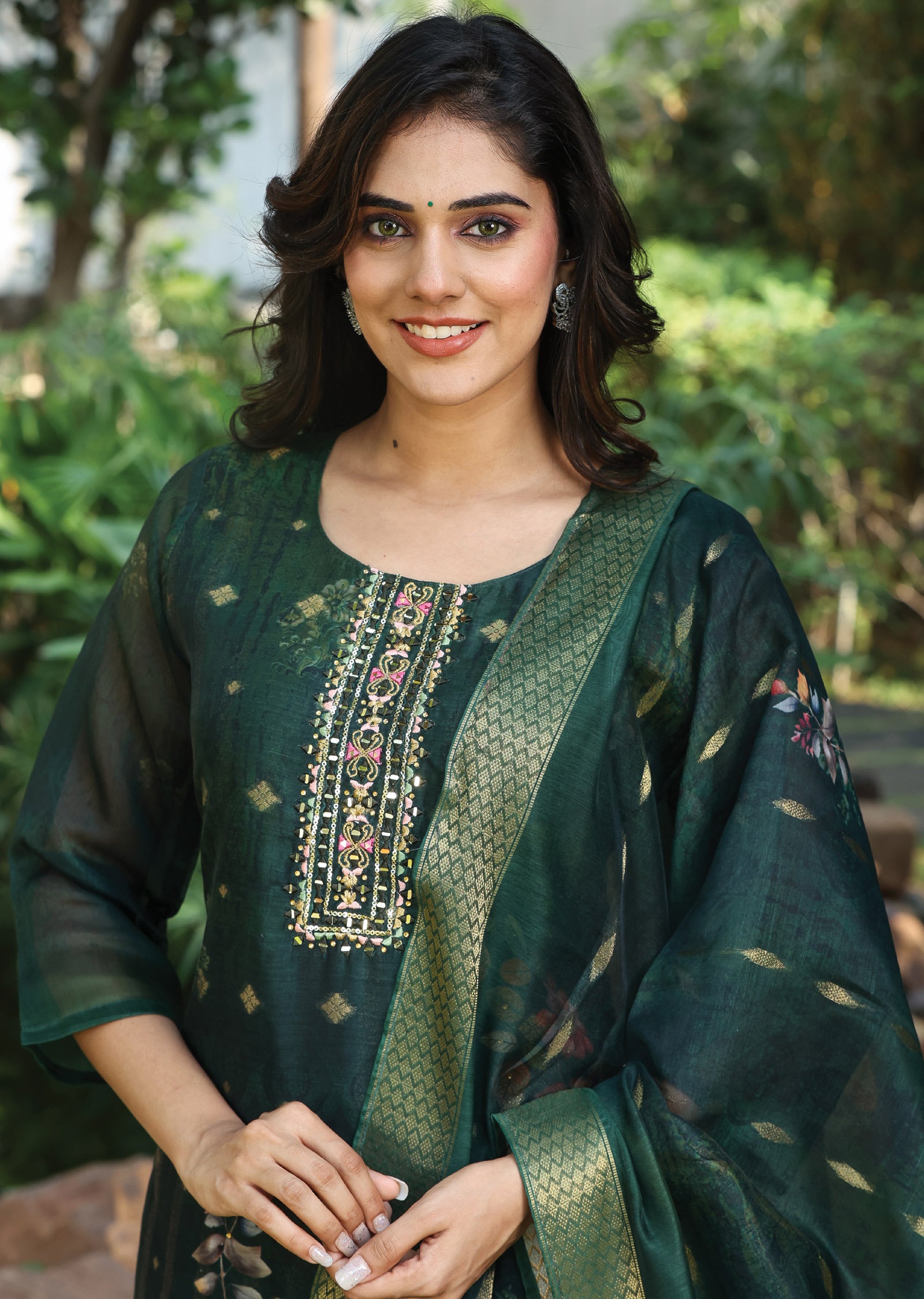 Bottle Green Banaras Chanderi Straight Cut Suit