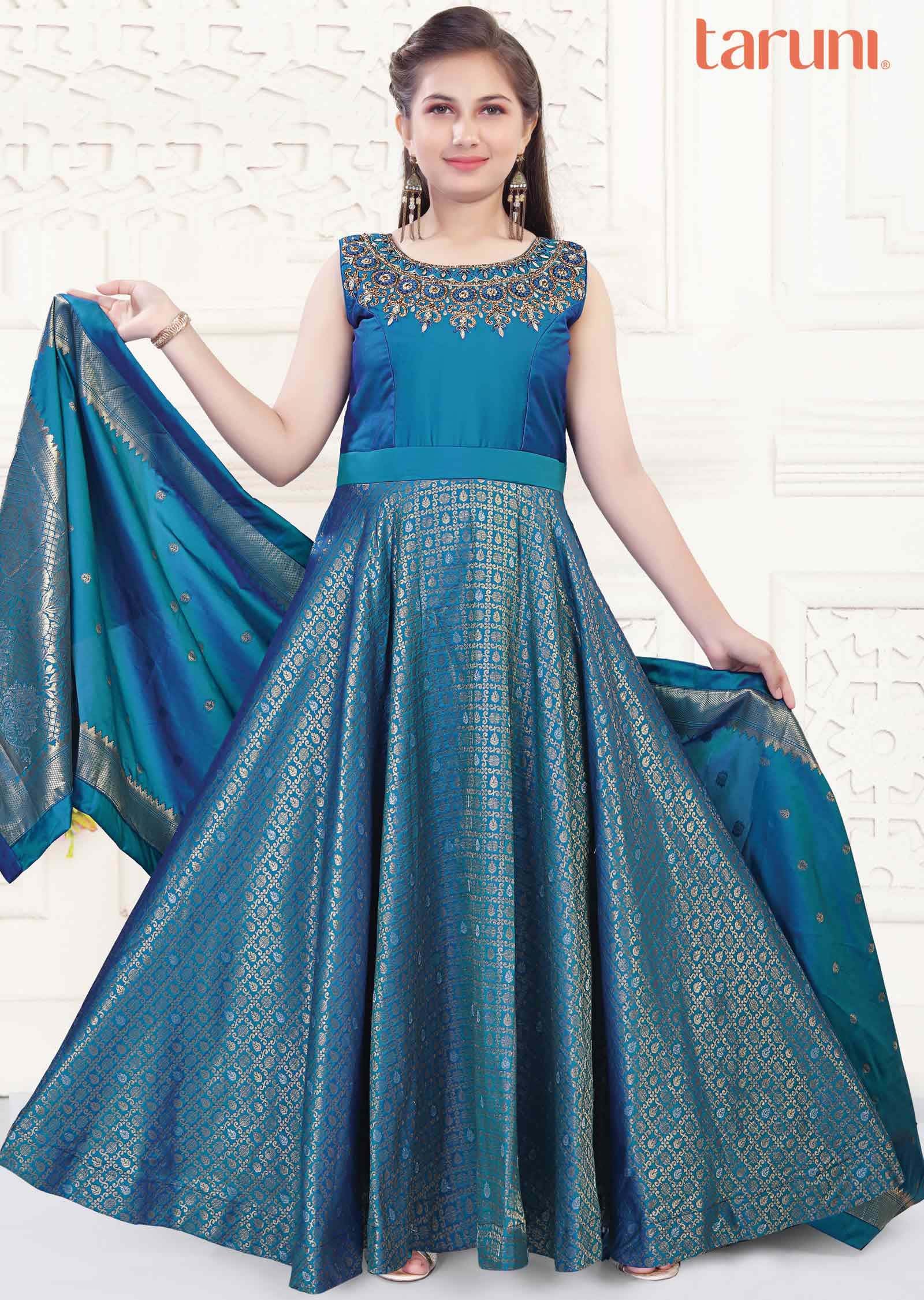 Blue Banaras Silk Kids Anarkali