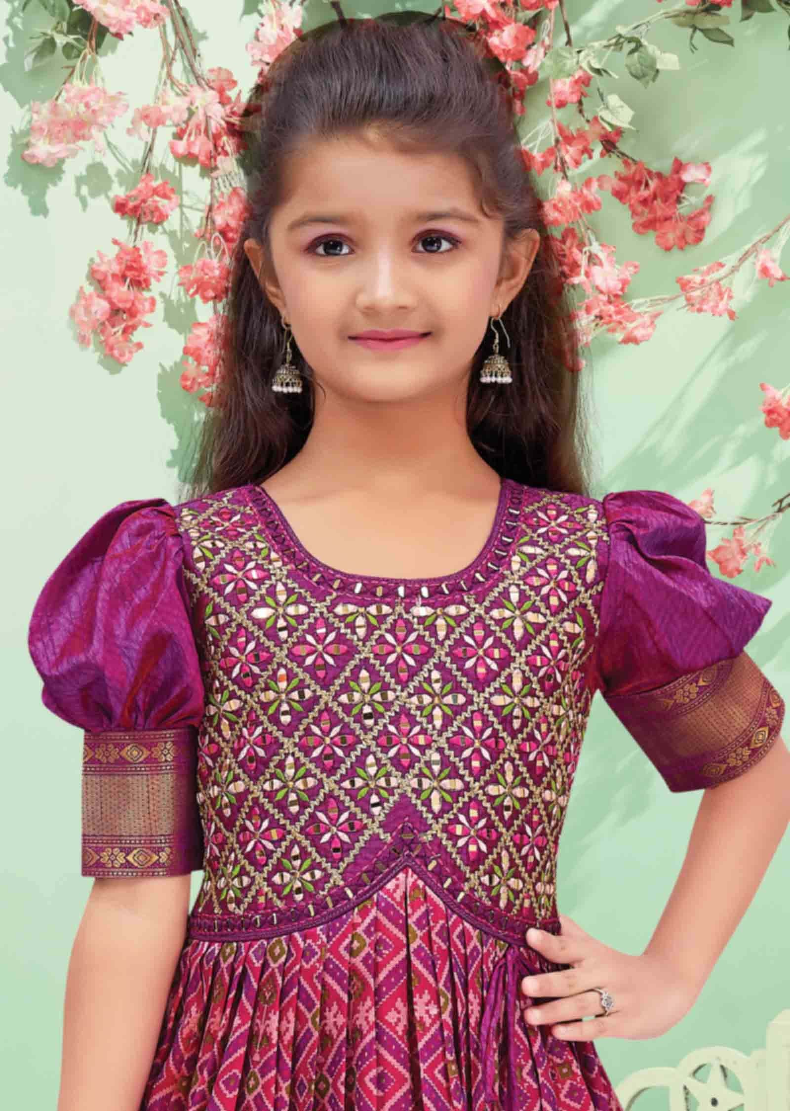 Light Purple/Rani Pink Ikkat Silk Embroidered Kidswear