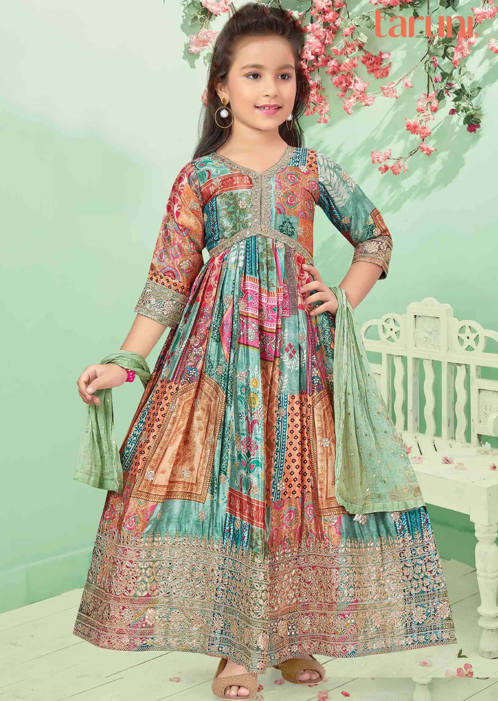 Multi color Chinnon Gota Work Alia cut Kids Anarkali