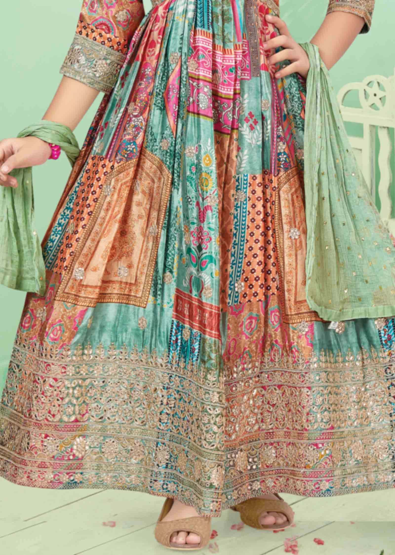 Multi color Chinnon Gota Work Alia cut Kids Anarkali