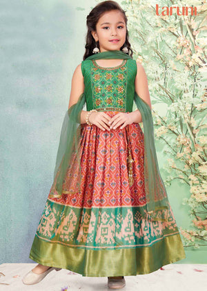 Green & Orange Silk Mirror work Kids Anarkali