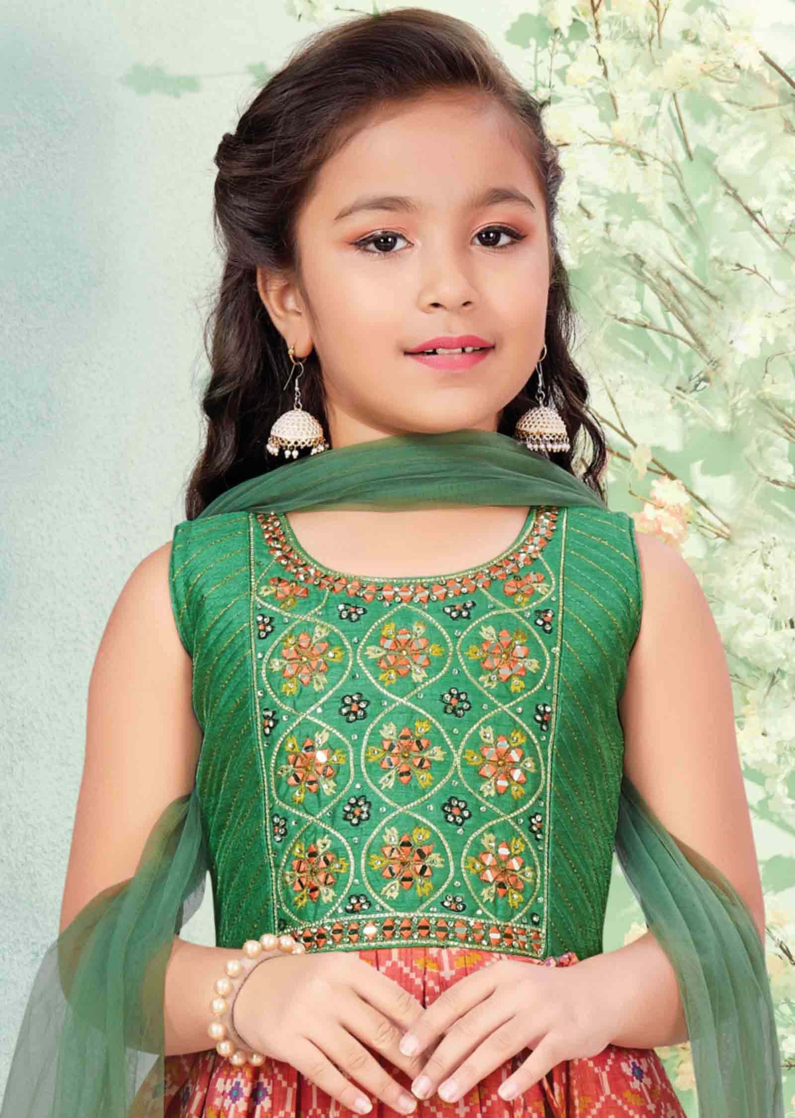 Green & Orange Silk Mirror work Kids Anarkali