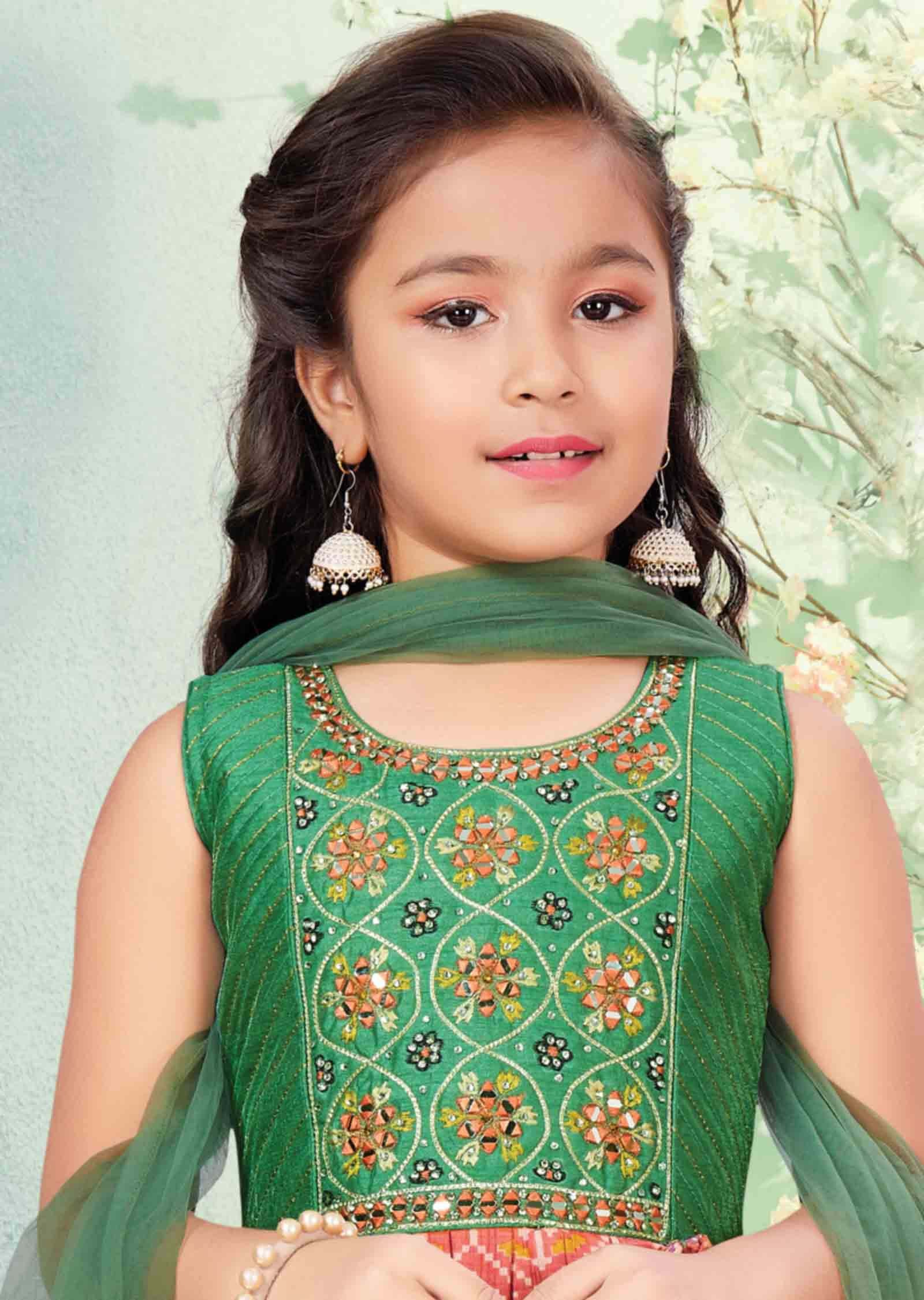 Green & Orange Silk Mirror work Kids Anarkali