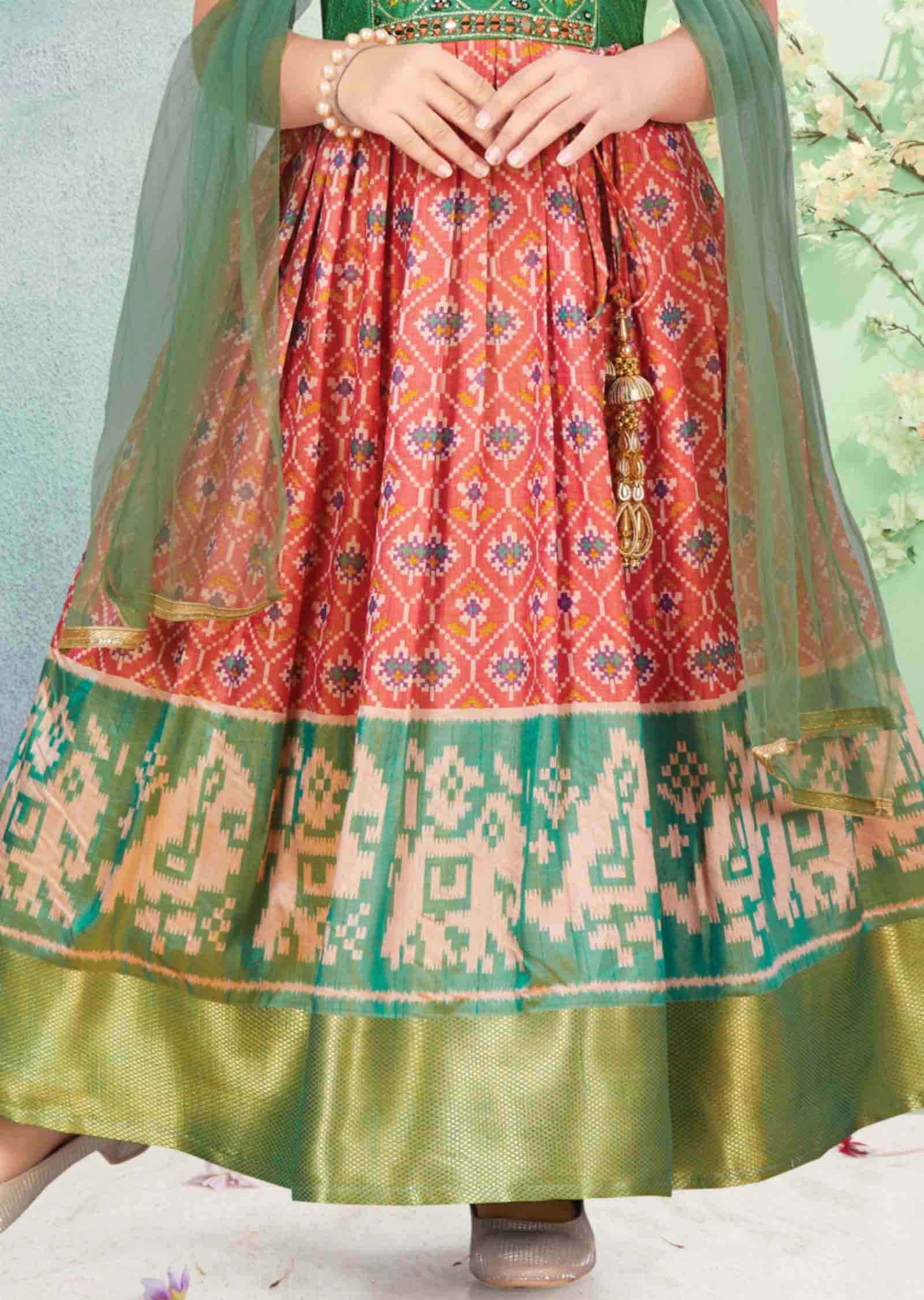 Green & Orange Silk Mirror work Kids Anarkali