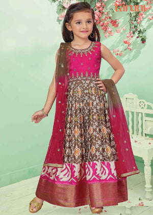 Pink & Brown Silk Zardosi & Embroidered Kids Anarkali