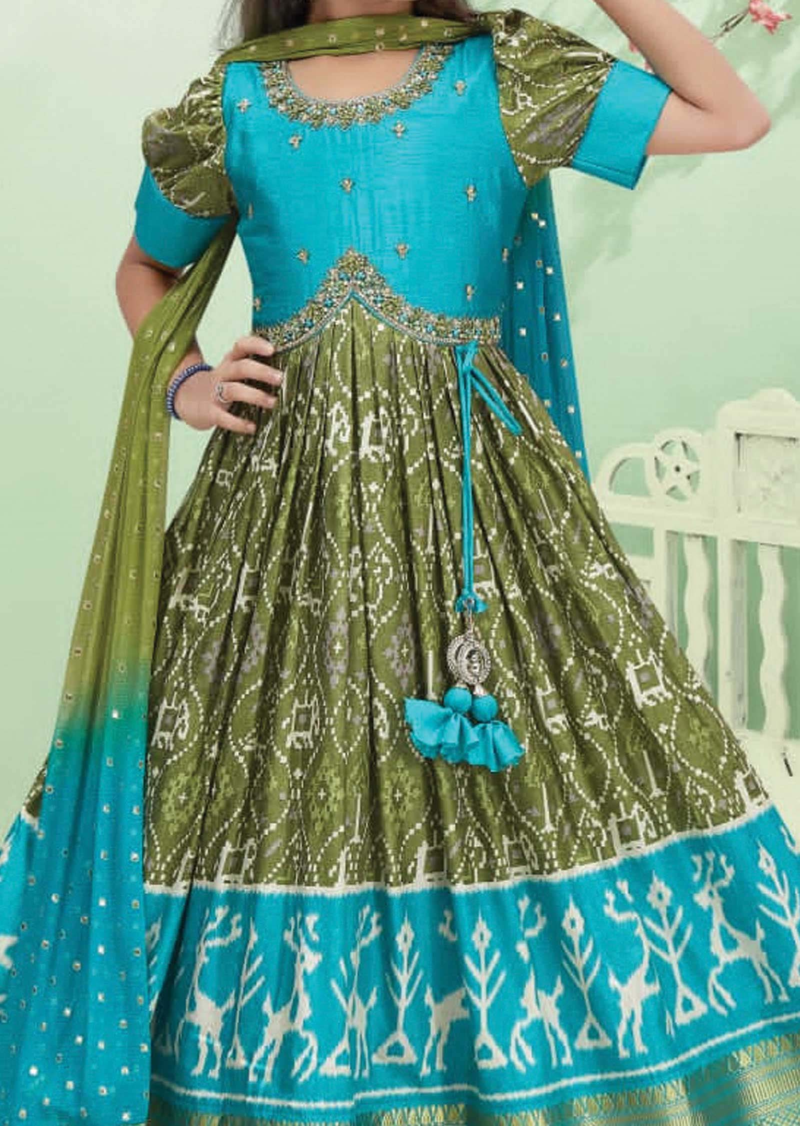 Sea Green & Mehendi Green Ikkat Silk Embroidered Alia cut Kids Anarkali