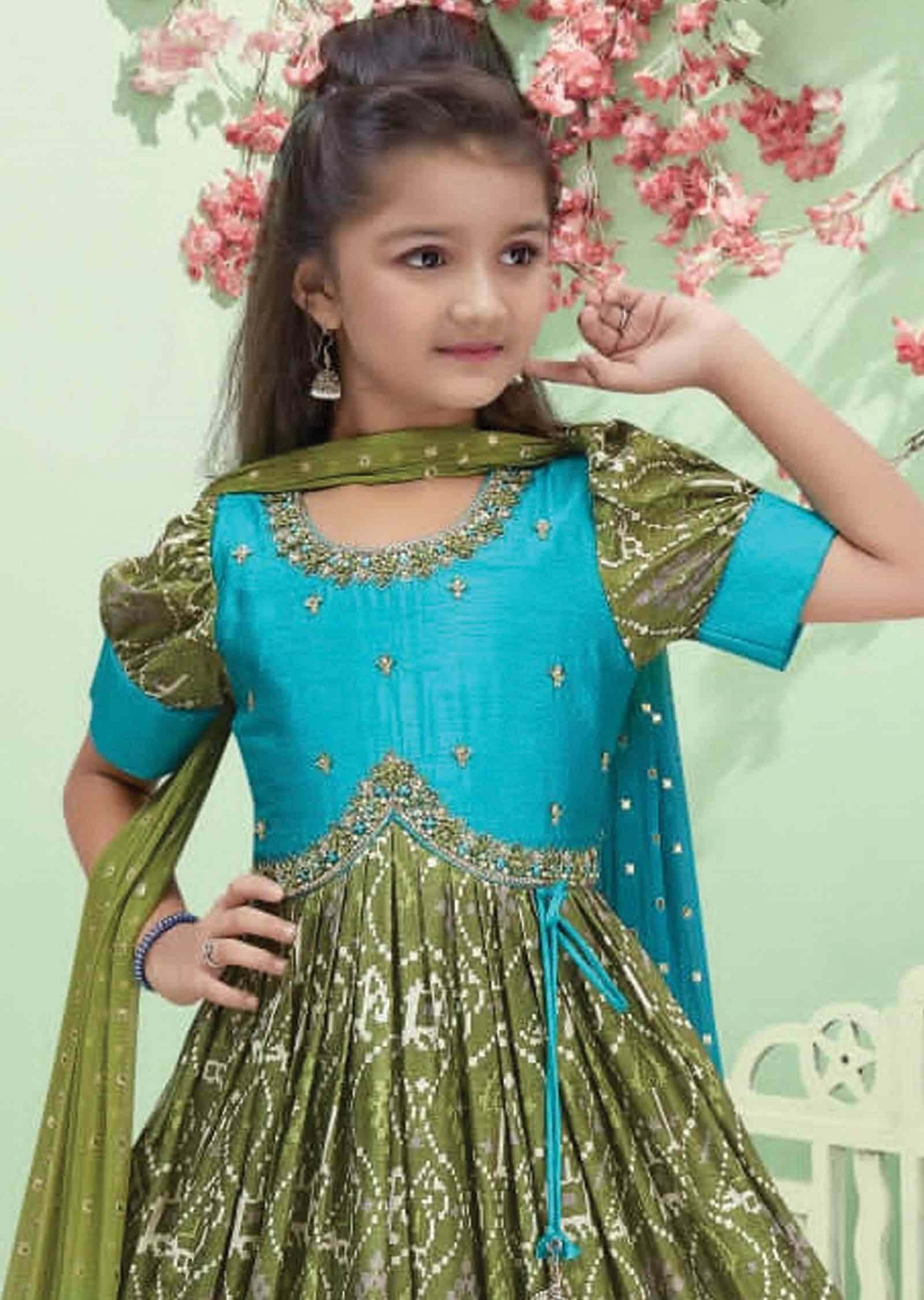 Sea Green & Mehendi Green Ikkat Silk Embroidered Alia cut Kids Anarkali