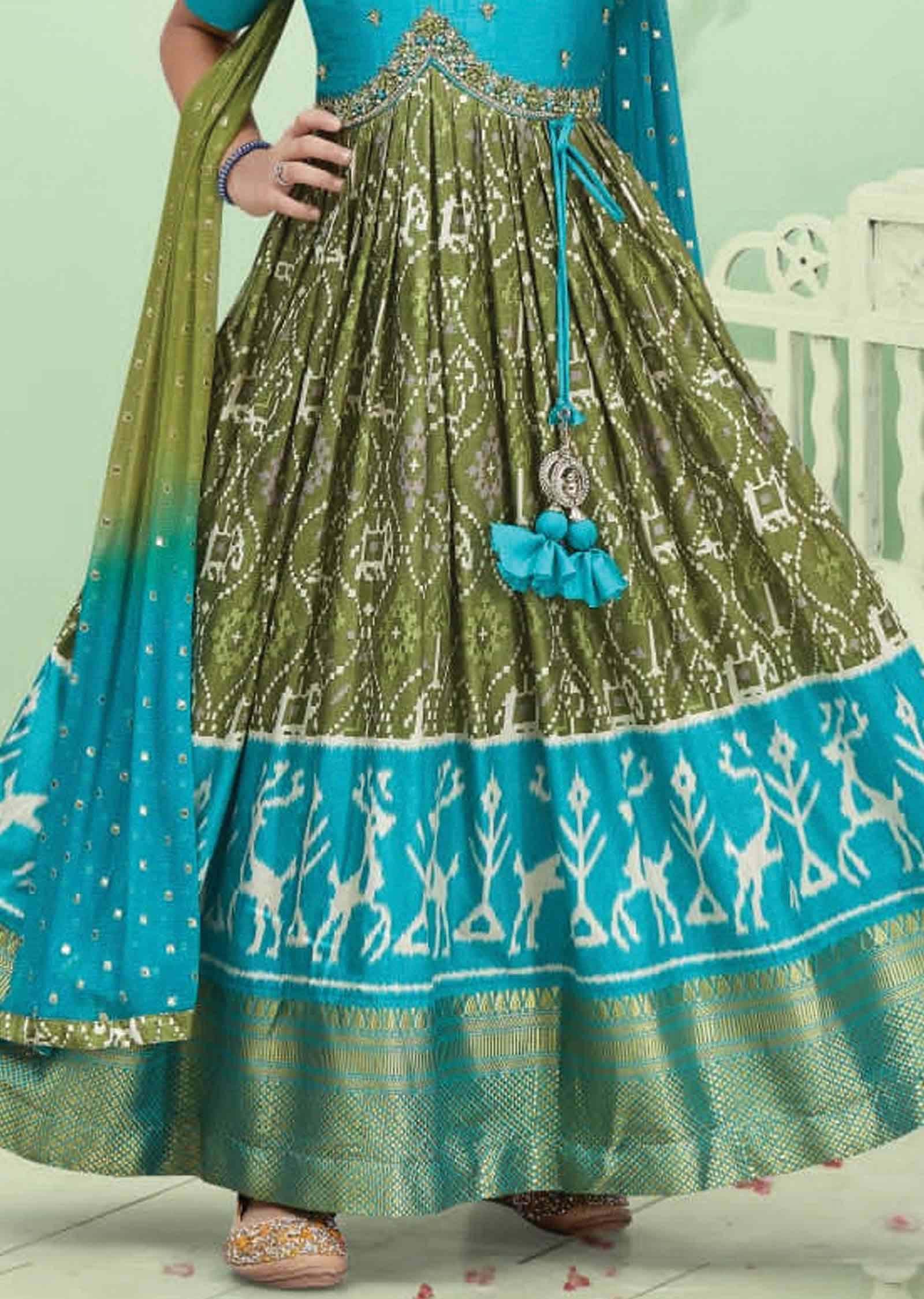 Sea Green & Mehendi Green Ikkat Silk Embroidered Alia cut Kids Anarkali