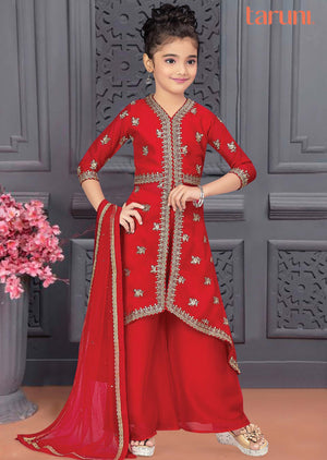 Red Georgette Embroidered Kids Anarkali