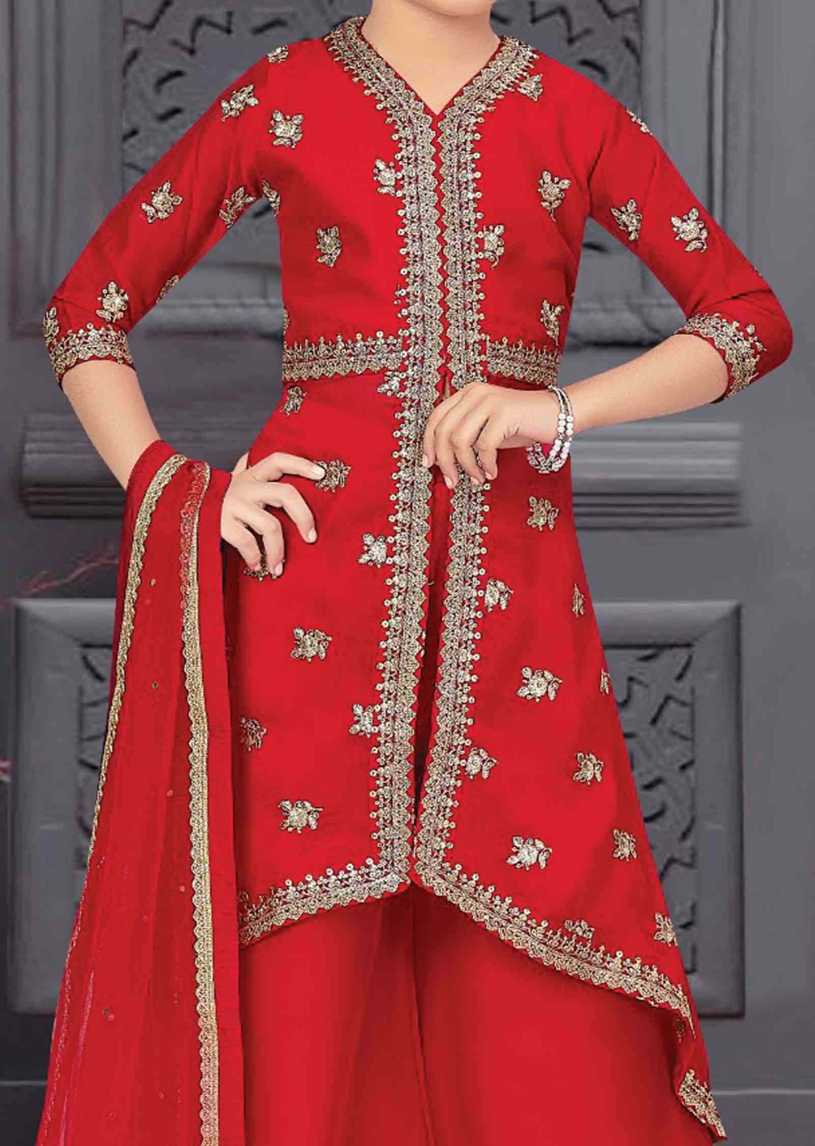 Red Georgette Embroidered Kids Anarkali