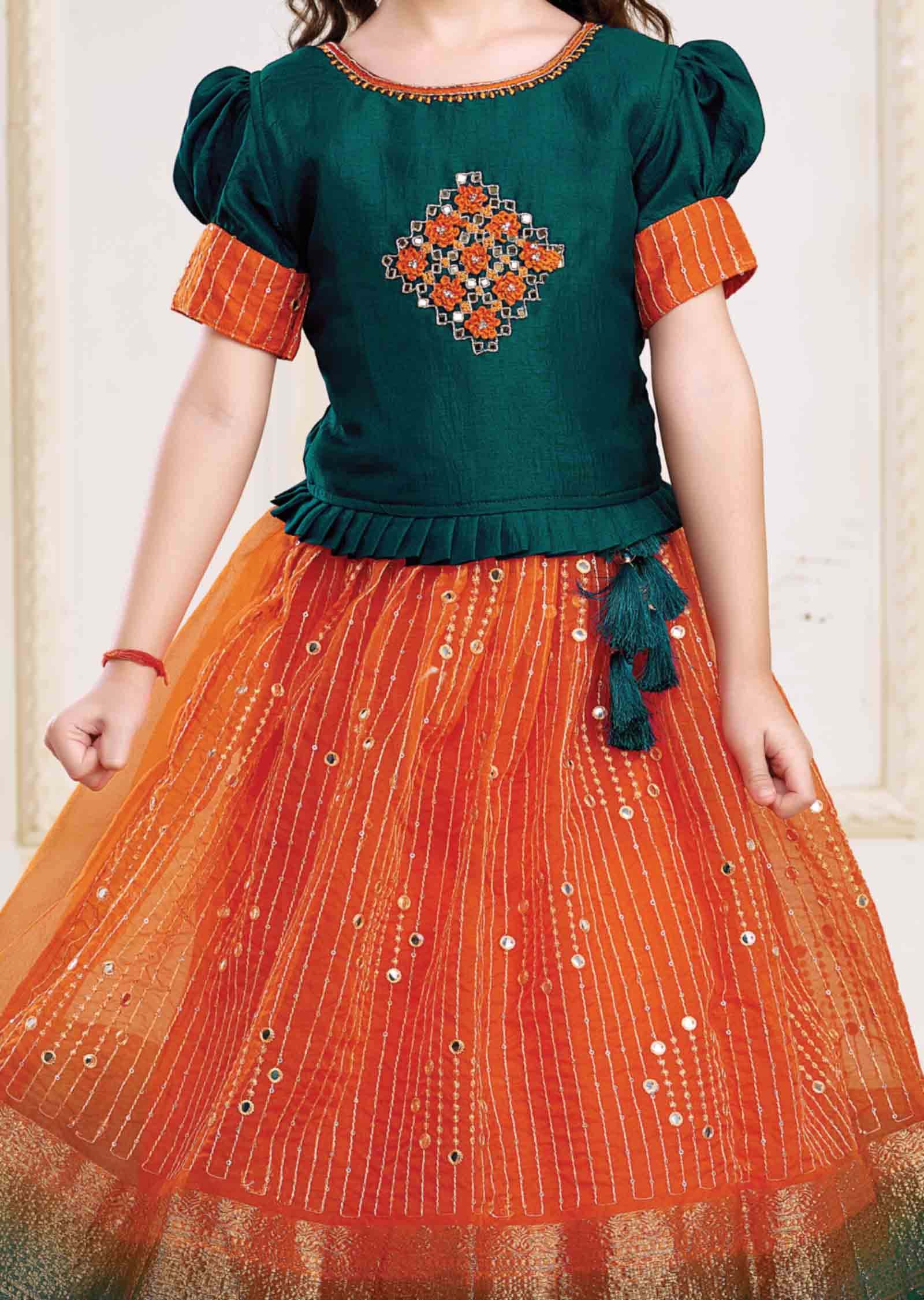 Rama/Orange Silk/Tissue Zardosi & Embroidered Kidswear