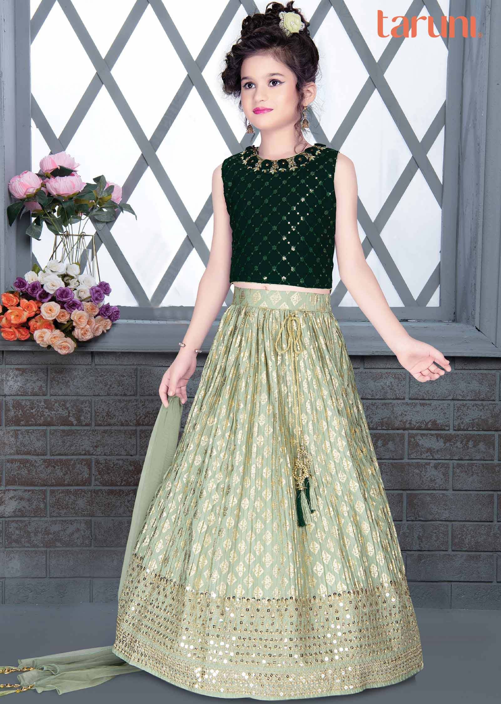 Green Silk Chinnon Kids Lehenga