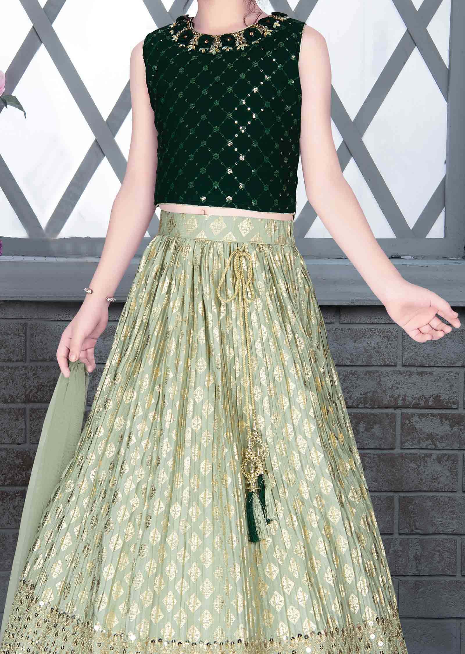 Green Silk Chinnon Kids Lehenga