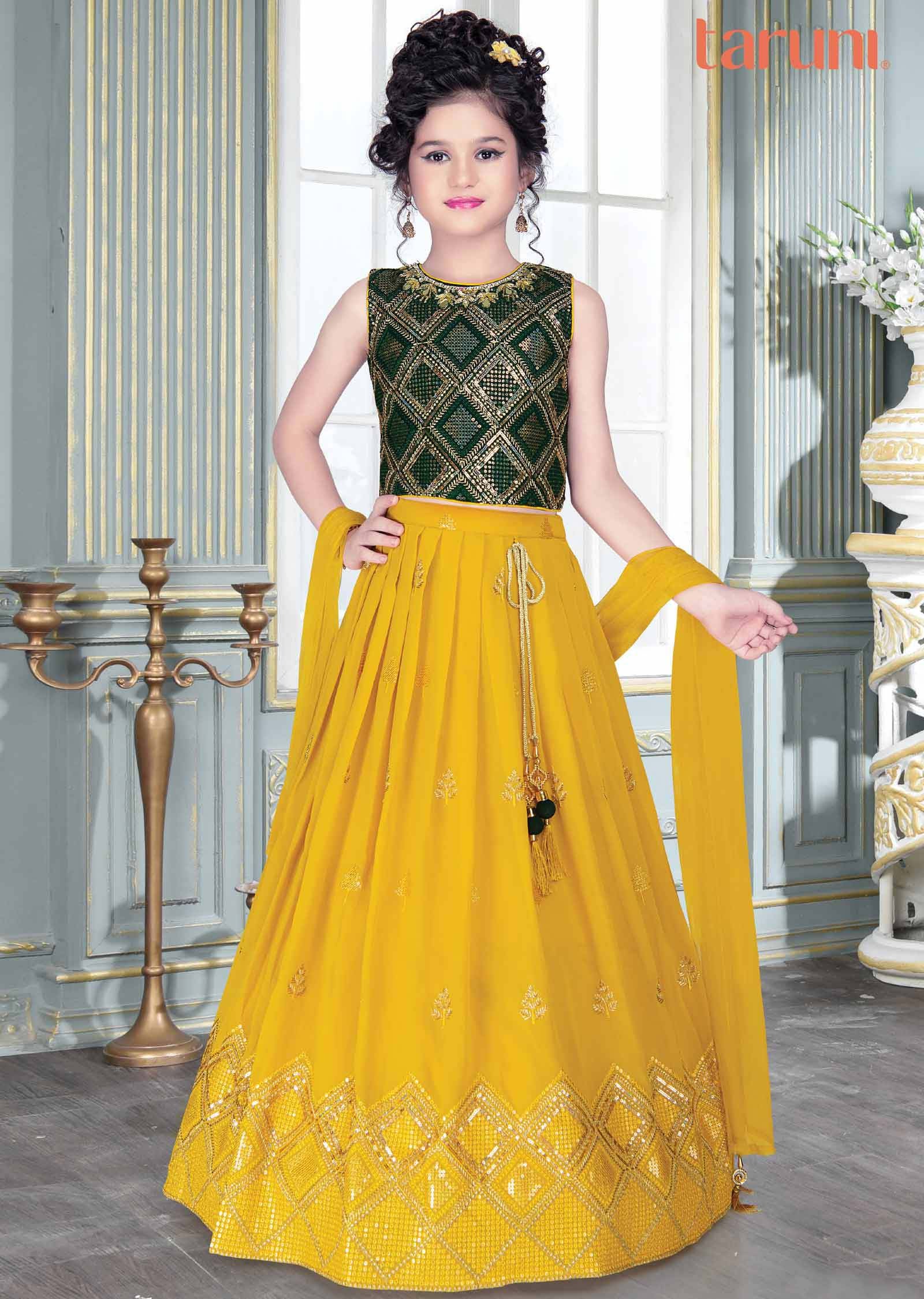 Green Georgette Kids Lehenga