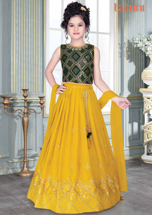 Bottle Green Georgette Zardosi & Embroidered Kids Lehenga