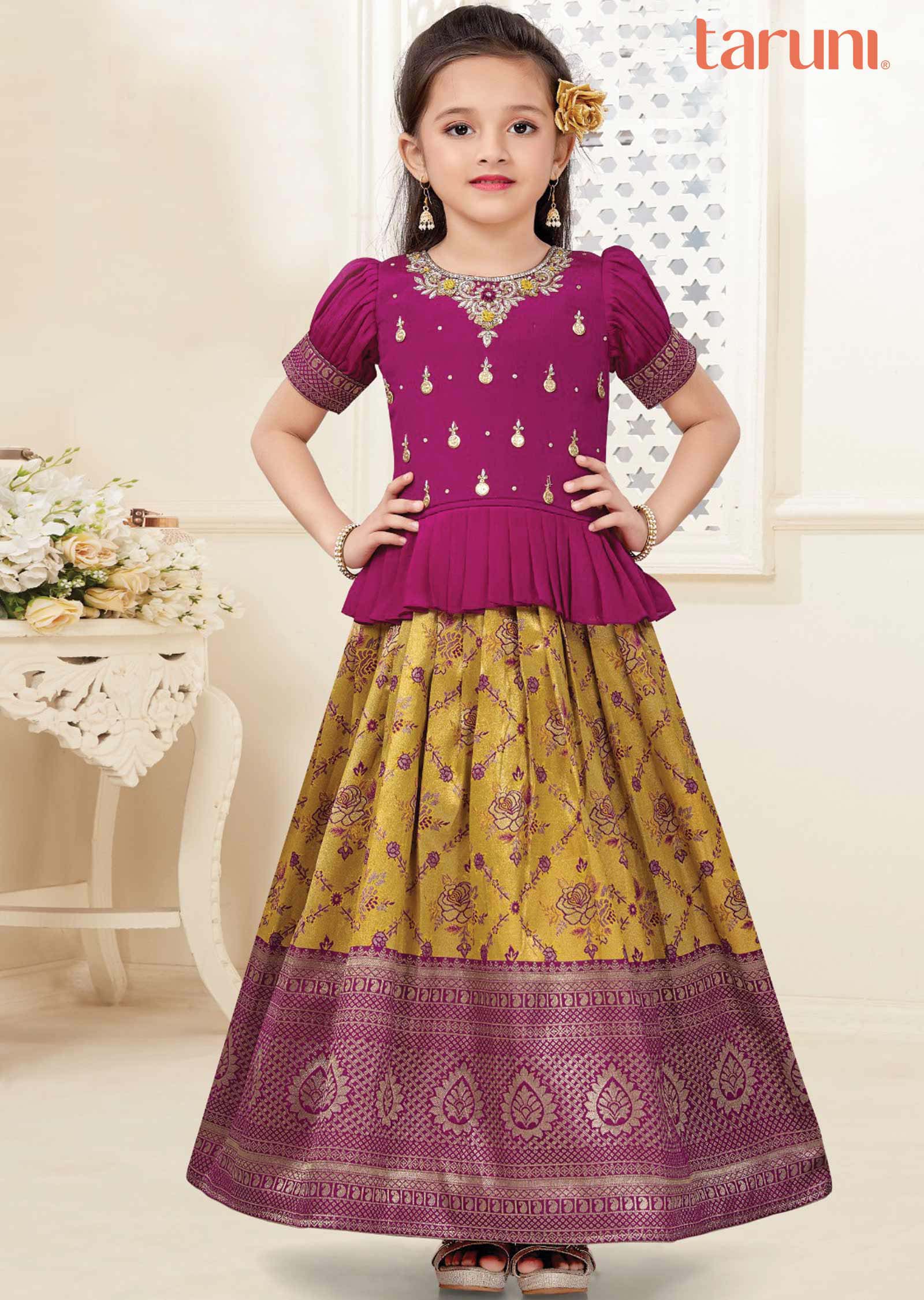 Rani Pink/Mustard Chinnon/Banaras Zardosi & Embroidered Kids Lehenga