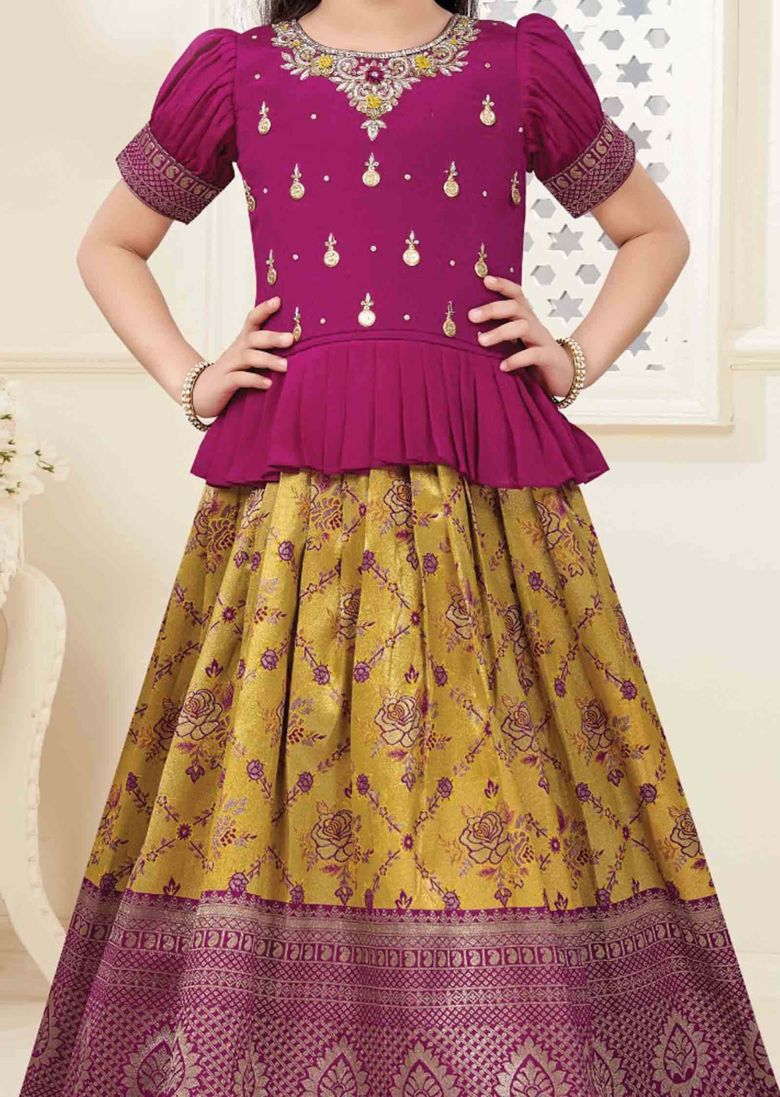 Pink Chinnon Banaras Kids Lehenga