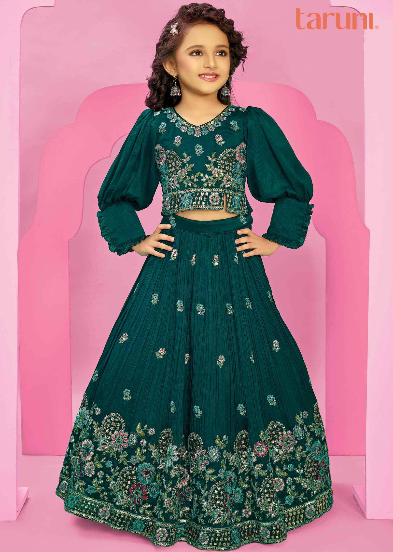 Green Silk Embroidered Kids lehenga