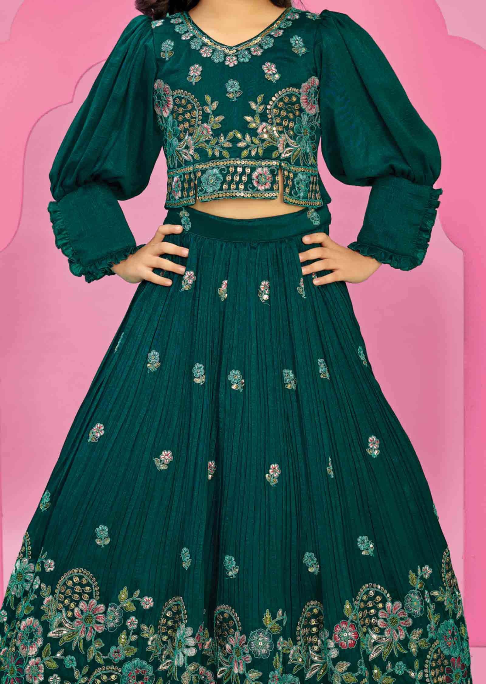 Green Silk Embroidered Kids lehenga