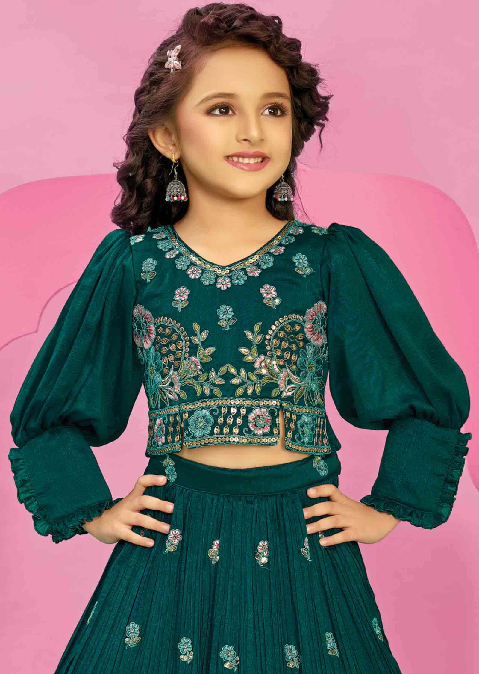 Green Silk Embroidered Kids lehenga