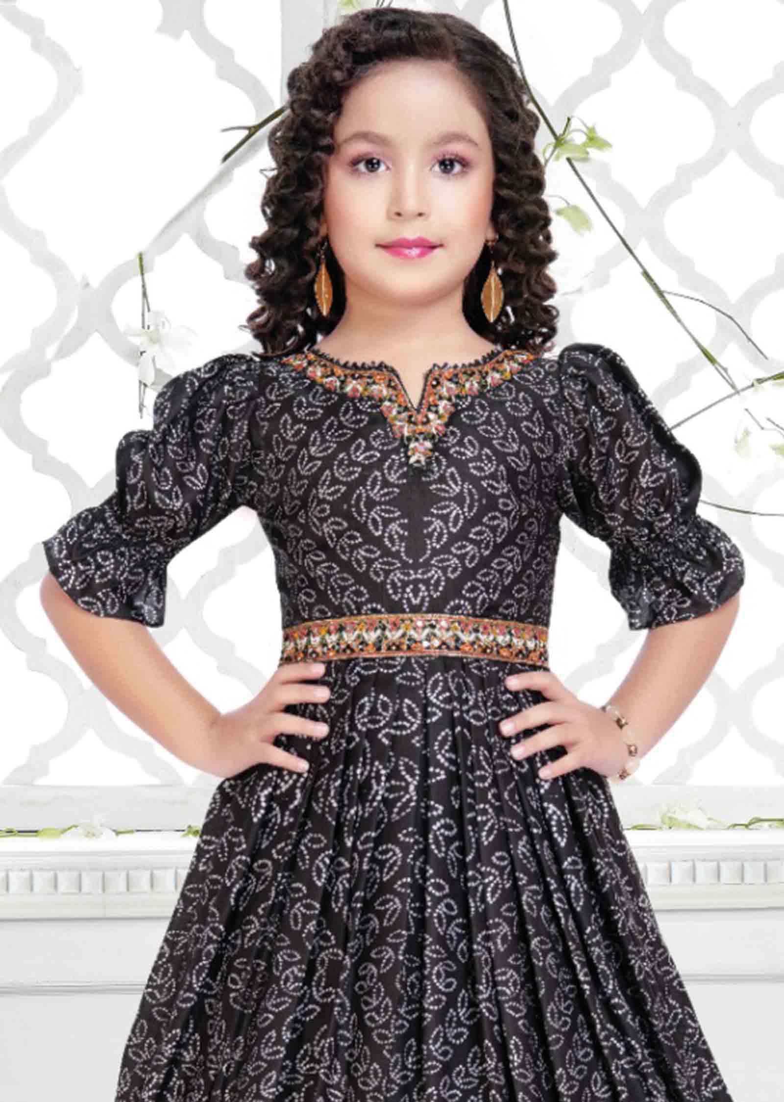 Dark Brown Silk Printed Kids Gown