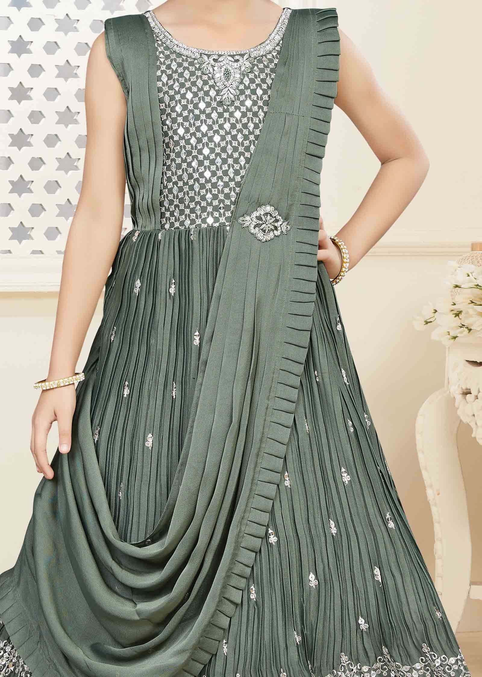 Dusty Green Chiffon Sequins Kids Gown