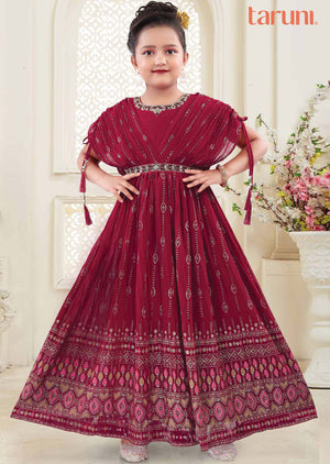 Reddish Pink Georgette Zardosi & Embroidered Kids Gown