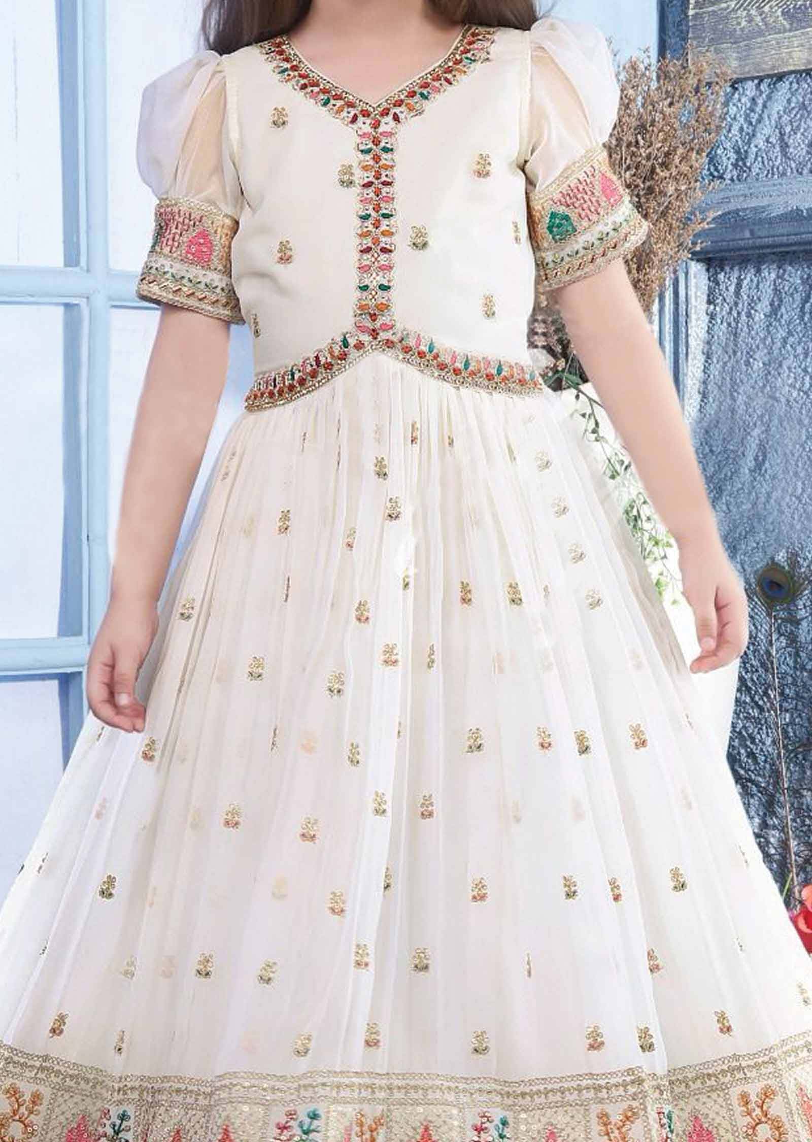 Off White Georgette Zardosi & Embroidered Alia cut Kids Gown