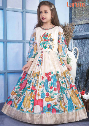 Beige Silk Printed Kids Gown