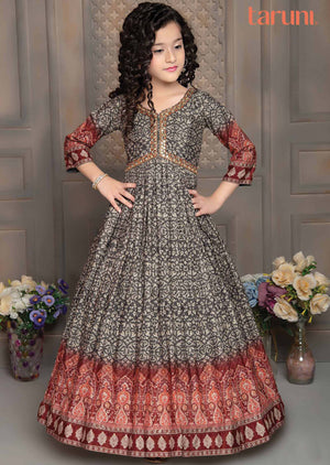 Dark Grey Chinnon Zardosi & Embroidered Alia cut Kids Gown