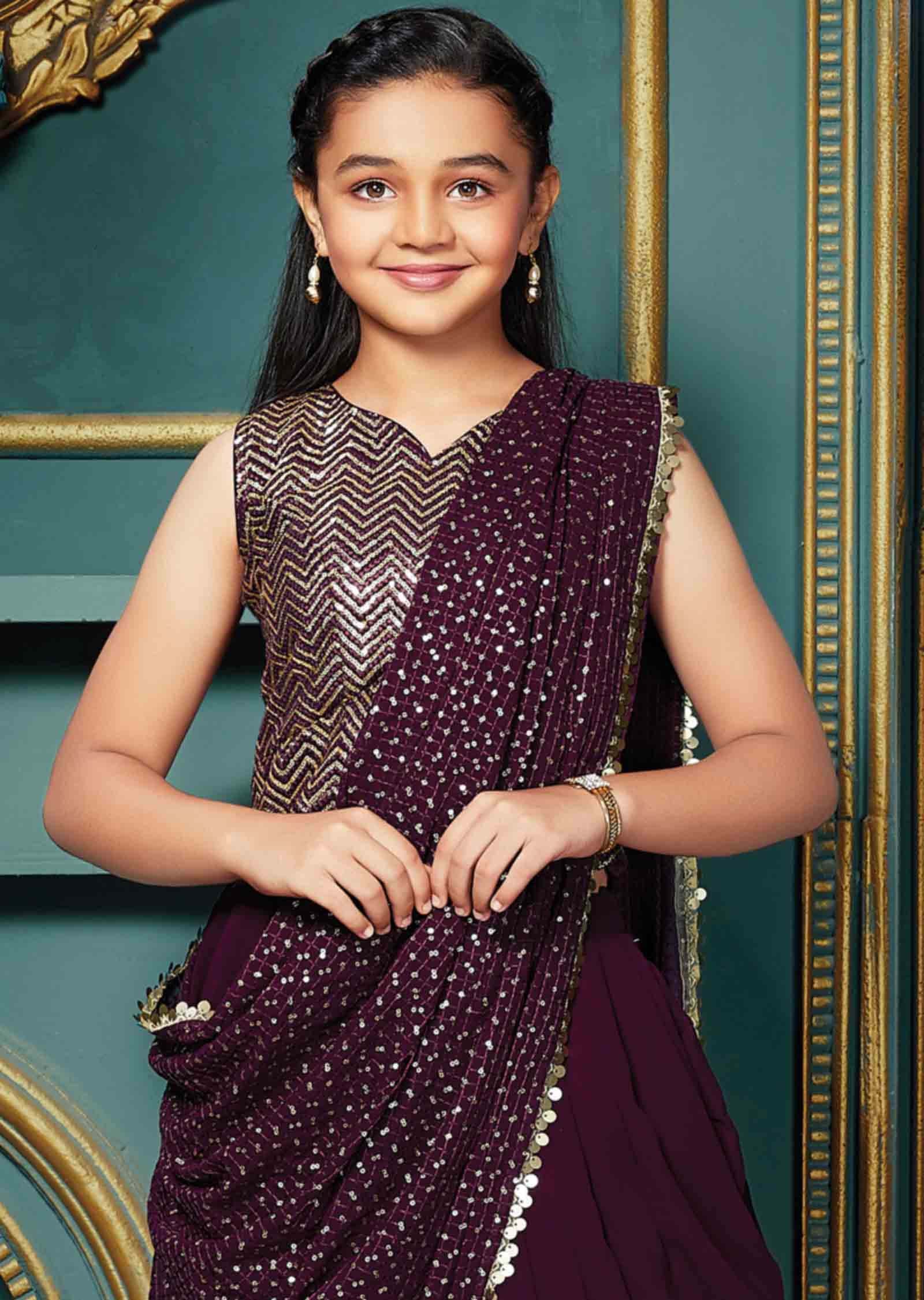 Wine Georgette Sequins Kids Dothi Suit