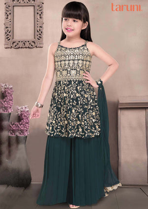 Rama Green Georgette Sequins Kids Sharara