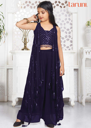 Navy Blue Georgette Sequins Kids Sharara