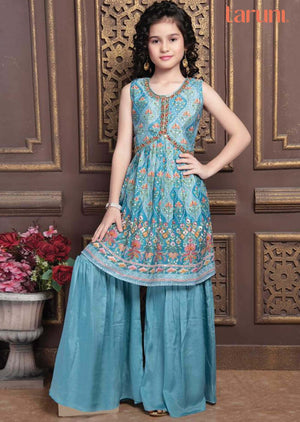 Dusty Blue Chinnon Zardosi & Embroidered Aliacut Kids Gharara