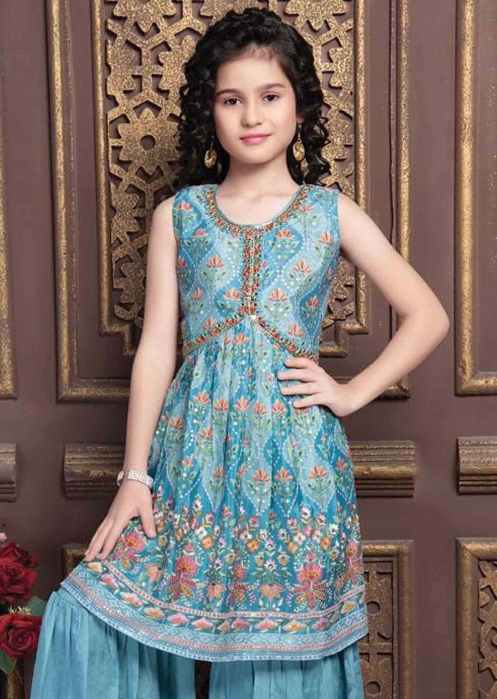 Blue Chinnon Aliacut Kids Gharara