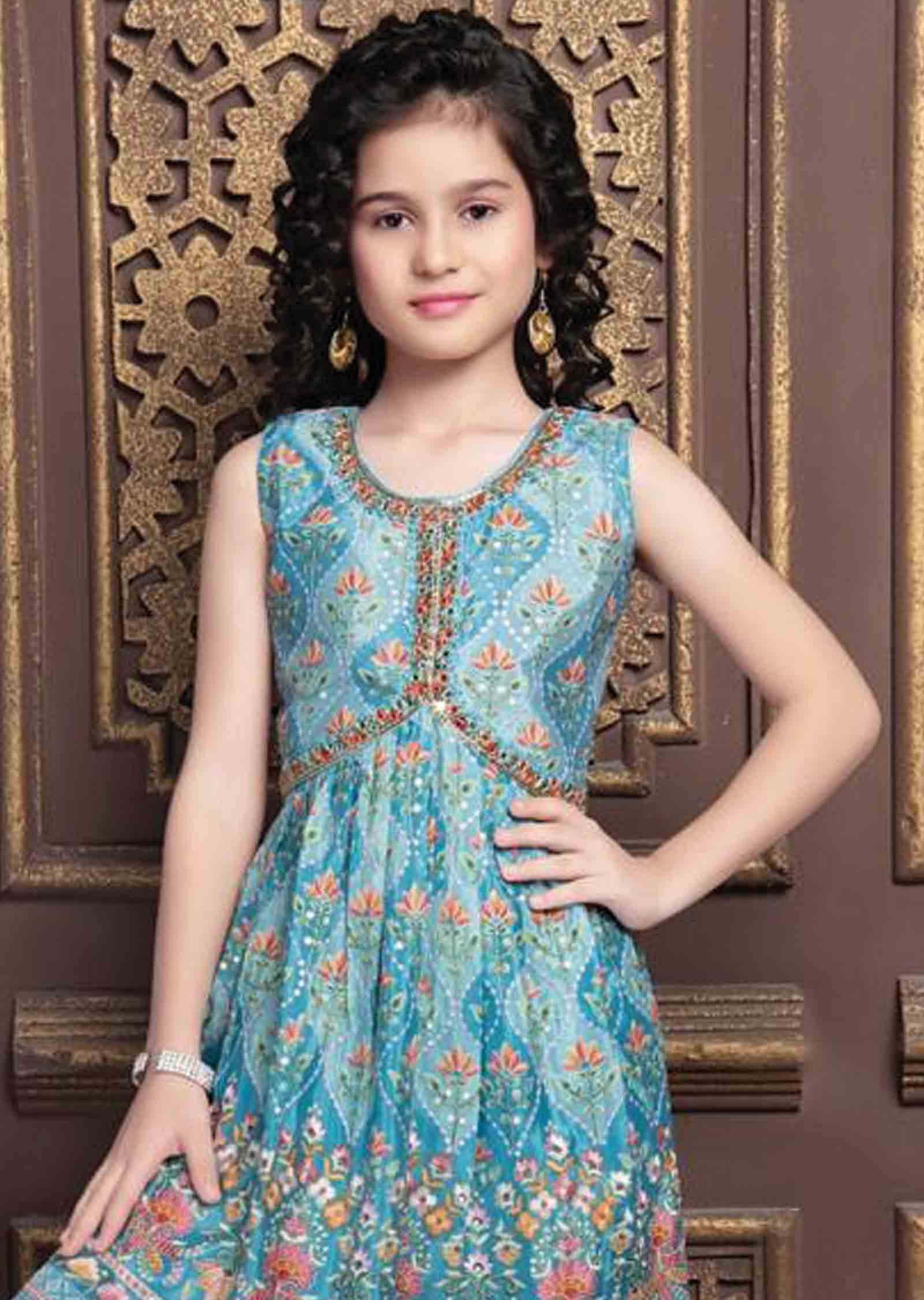 Blue Chinnon Aliacut Kids Gharara